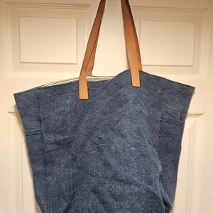 Blue Tote Bag with Tan Handles
